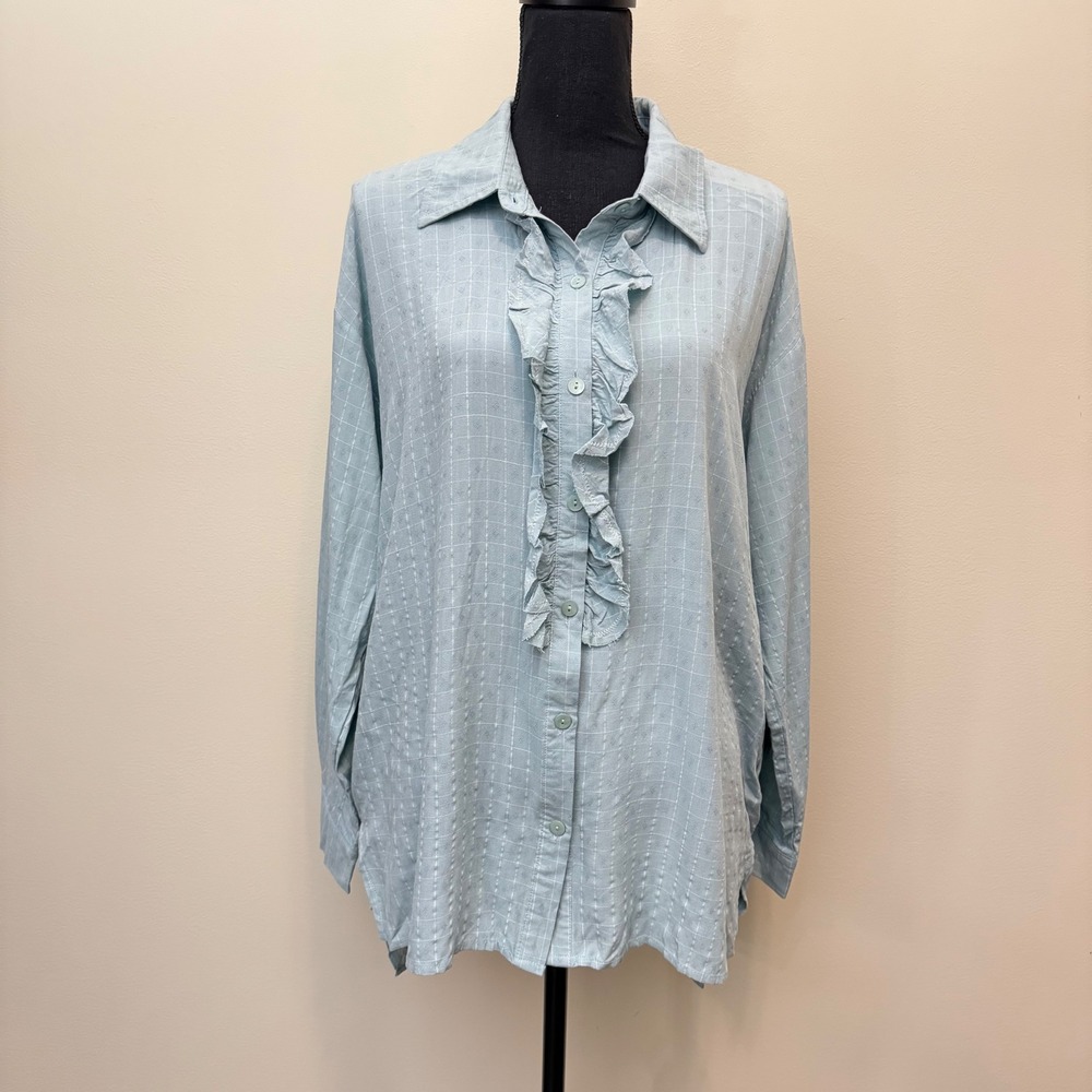 Easel Blue Windowpane Ruffle Button Down Tunic Shirt Pocket Oversize Cottagecore